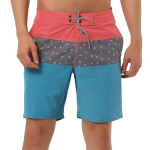 Summer Color Block Shorts Drawstring Stripe Swim Beach Board Shorts Red Blue